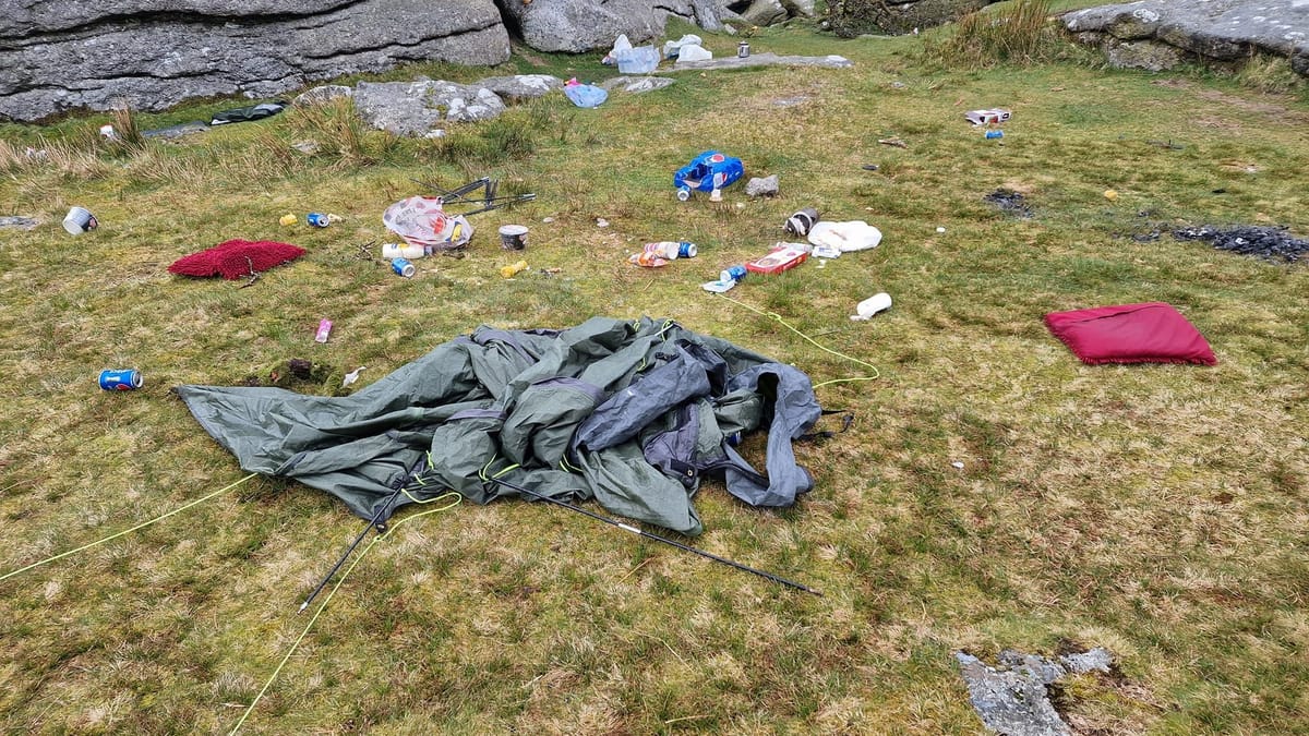 not so wild camping on Dartmoor, with tent and rubbish left behind