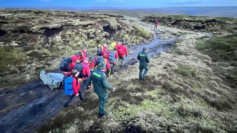 Glossop Mountain Rescue and paramedics from the North West Ambulance Service carried the injured walker