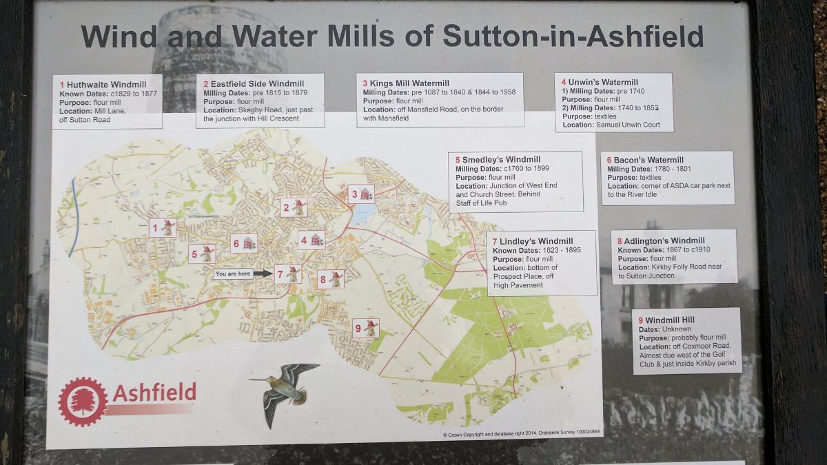 Lindley's Windmill, Bottom of Prospect Place, Off High Pavement, Sutton (2). Information sign at the windmill, also listing the other mills in the local area