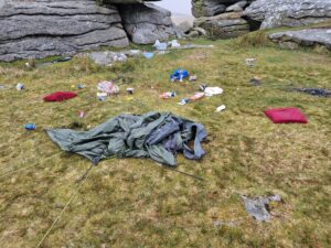 not so wild camping on Dartmoor, with tent and rubbish left behind