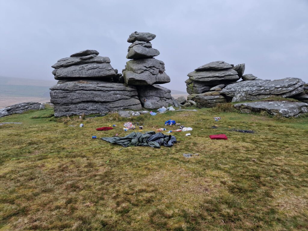 not so wild camping on Dartmoor, with tent and rubbish left behind