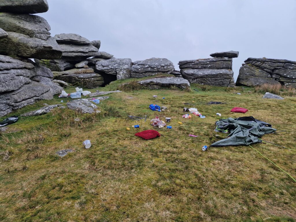 not so wild camping on Dartmoor, with tent and rubbish left behind